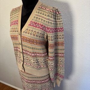 Lauren Ralph Lauren Fair Isle Knit Cardigan and Skirt Set Tan Purple Petite L